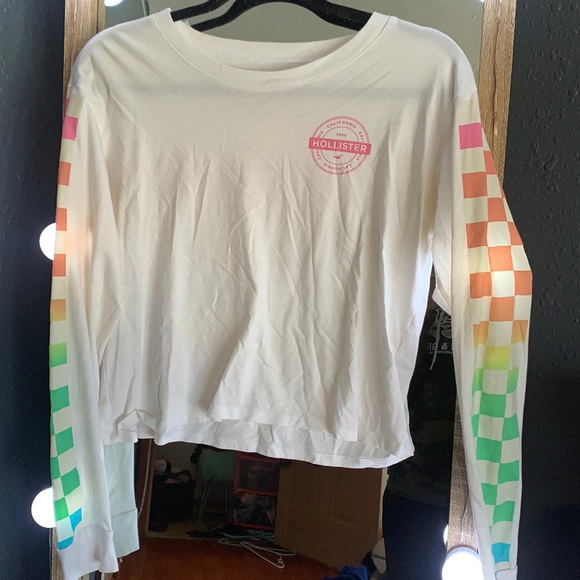 White Hollister Shirt With Rainbow Arms 